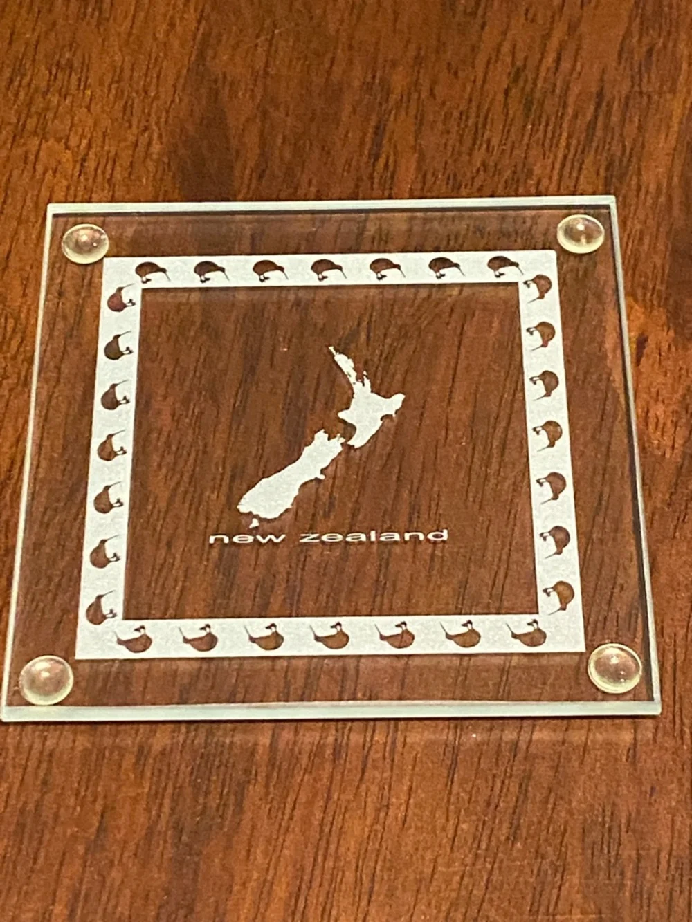 New Zealand Set of 4 Glass Coaster with Kiwi Birds and NZ Island